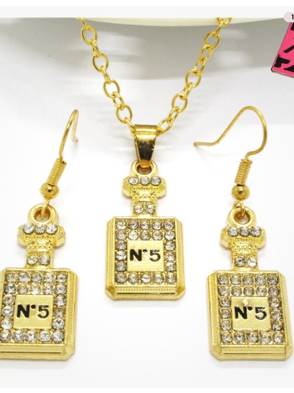 Betsey Johnson golden perfume bottle necklace earring set NEW Chanel No 5